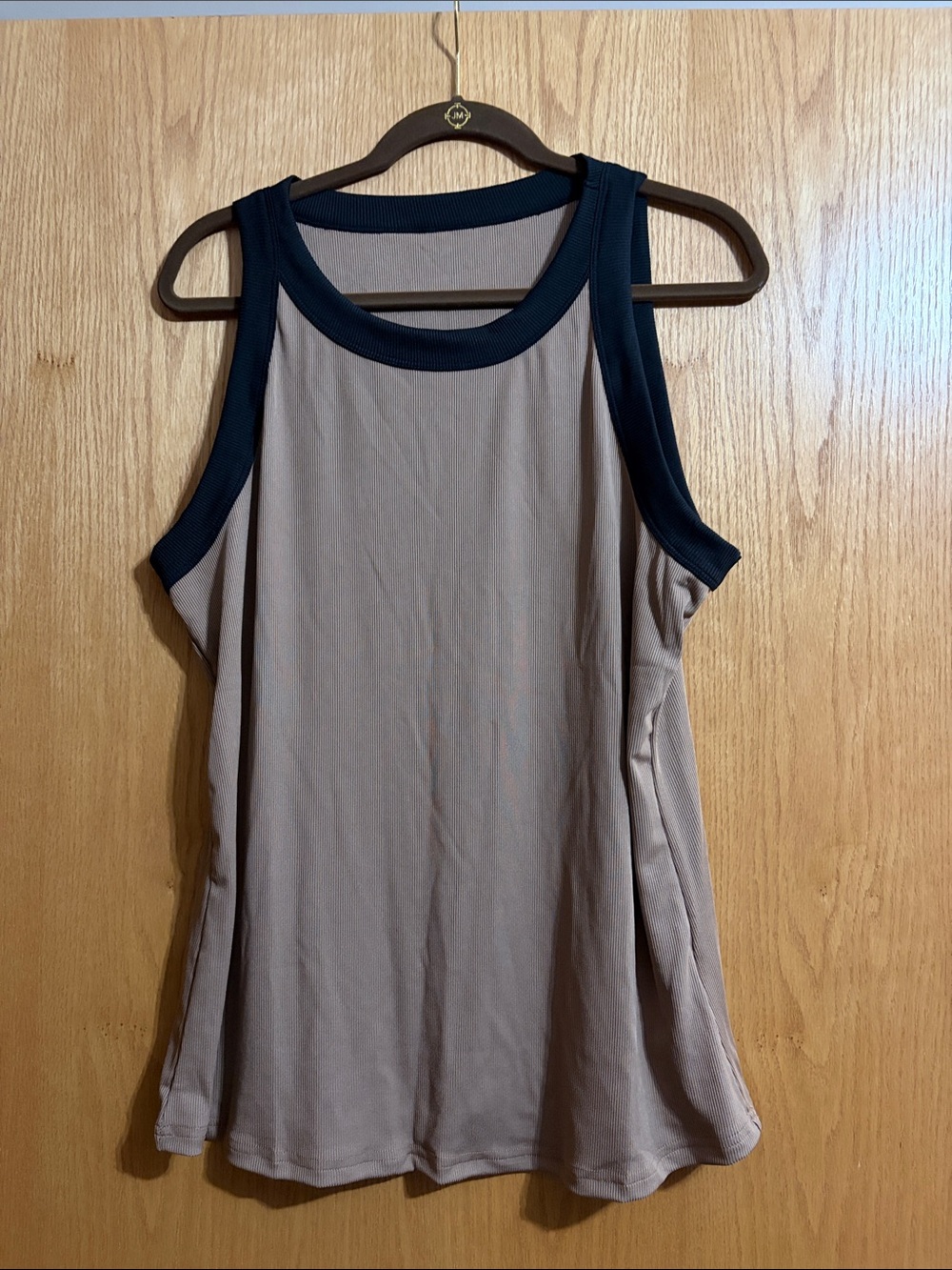 Women's Sleeveless Tank Top Ribbed in Taupe (mocha) with Black Trim - Picture 1 of 2
